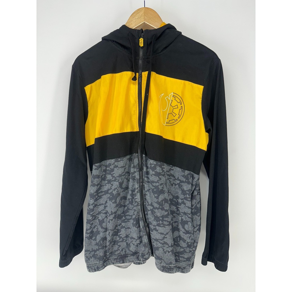 Star Wars Zip Up‎ Hoodie Mens Small Black Yellow Grey Camo Logo Disney Jacket
